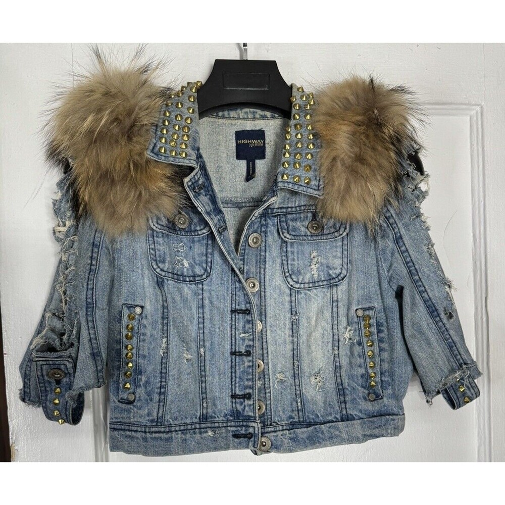 Custom Fox Fur Denim Spiked Jacket‎ Jeans Rock Metal Punk Luxury Glam Large